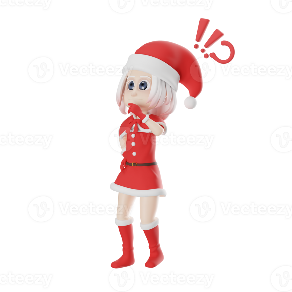 3D Girls Santa Claus Cartoon Style Art. A Santa Claus girl stands with her left hand on her chin and her right hand on her waist, with a caring expression. Illustration Design png