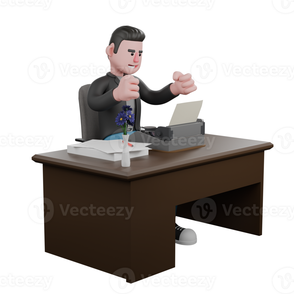 Creative 3D Model. a male screenwriter sits on a chair with both hands clenched with a happy expression. Cartoon Screenwriter Illustration Design png