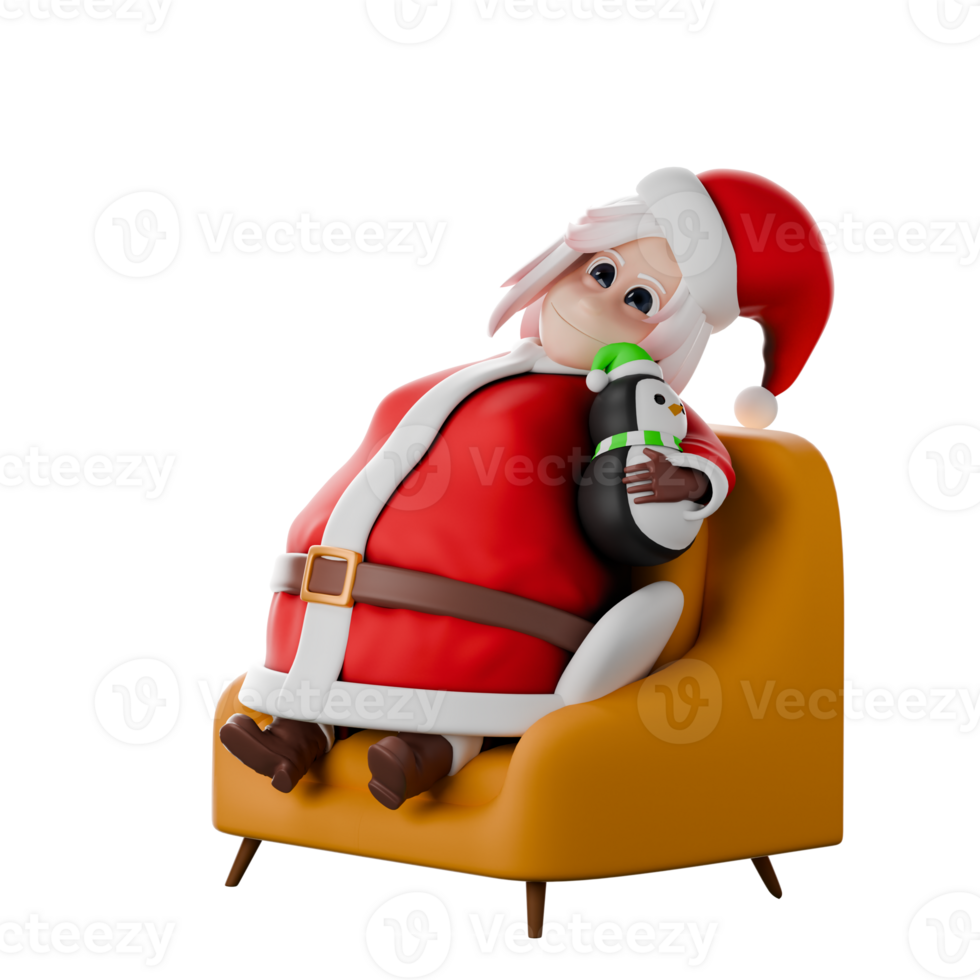 Girls Santa Claus 3D Cartoon Art. A female Santa Claus master sits leaning on a sofa while holding a gift penguin doll in her left hand. Character Design png