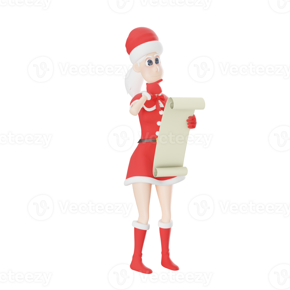 Cartoon Santa Claus Girls Art. A tall female Santa Claus master stands with her left hand holding a long paper containing a list and her right hand on her chin. 3D Illustration Style png