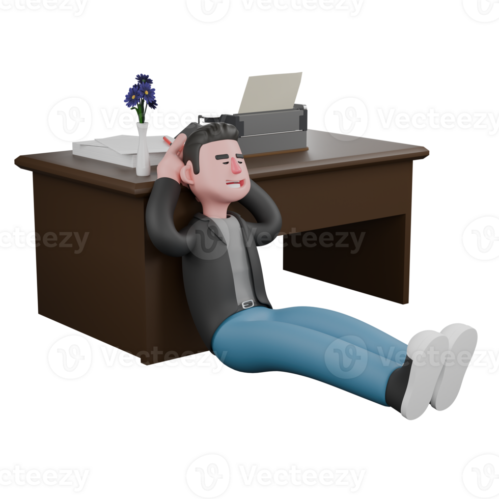 Creative 3D Model. a male screenwriter leans on a table with both hands behind his head. Cartoon Screenwriter Illustration Design png