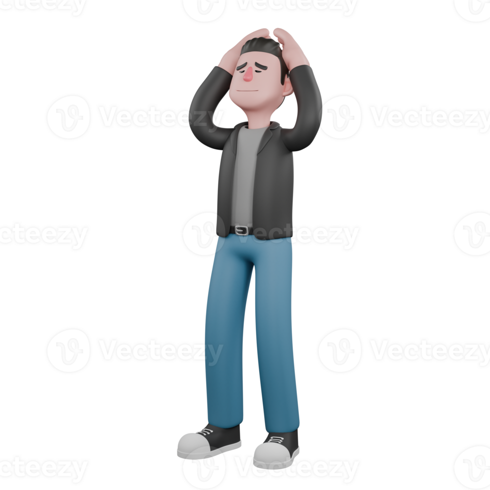 Professional Screenwriter Cartoon Design. a male screenwriter standing with both hands on his head with a sad expression. 3D Artistic Model png