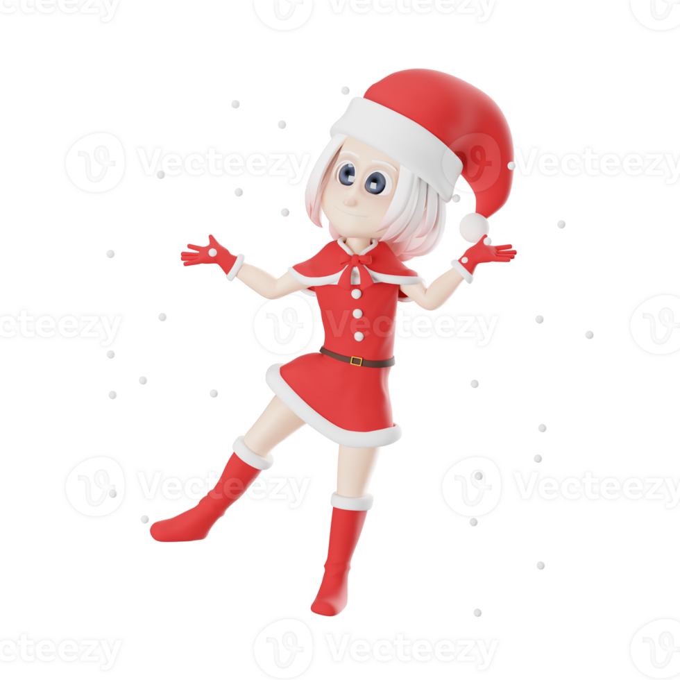 3D Design Girls Santa Claus Illustration. A Santa Claus girl stands with her right leg slightly raised and both hands open upwards, there is a snowball. Cartoon Art Style png
