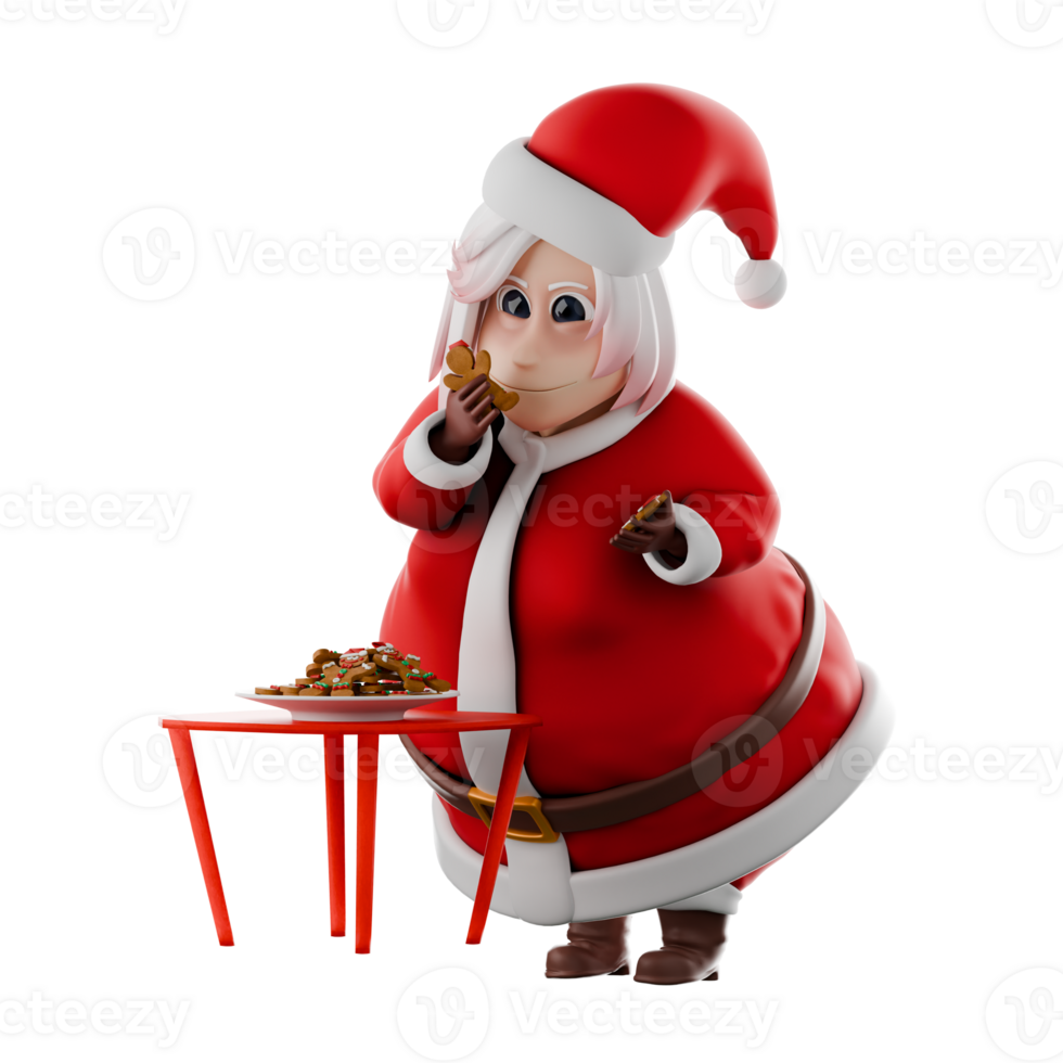 Cartoon Character Girls Santa Claus. A female Santa Claus master stands in front of a table, holding cookies in both hands. Cartoon Design png