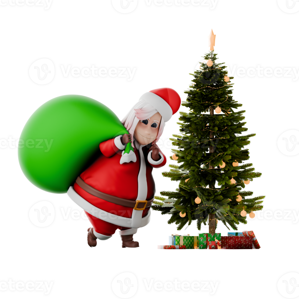 Girls Santa Claus 3D Illustration Style. A male Santa Claus master walks in front of a Christmas tree and piles of presents while carrying a large sack in his right hand. Cartoon Art png