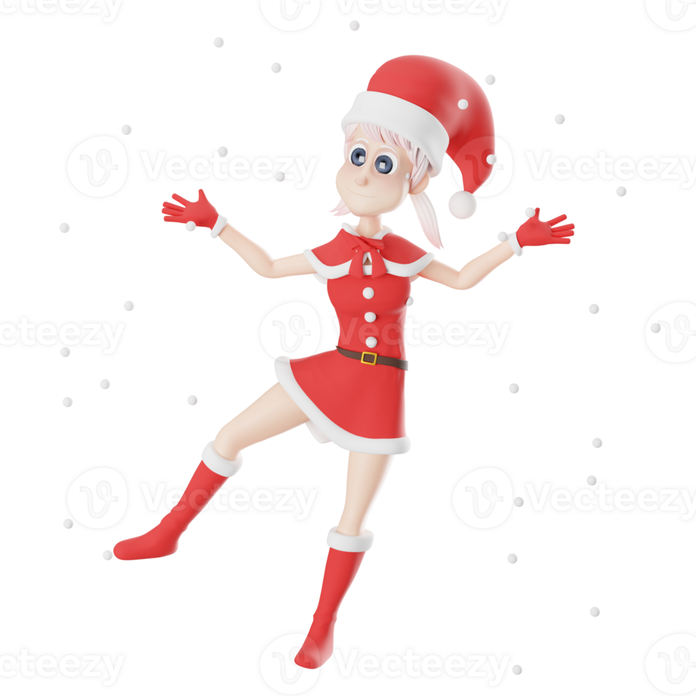 Girls Santa Claus 3D Artistic Style. A female Santa Claus master stands with her right leg slightly tilted to the right while her hands are open, surrounded by falling snow. Cartoon Design png