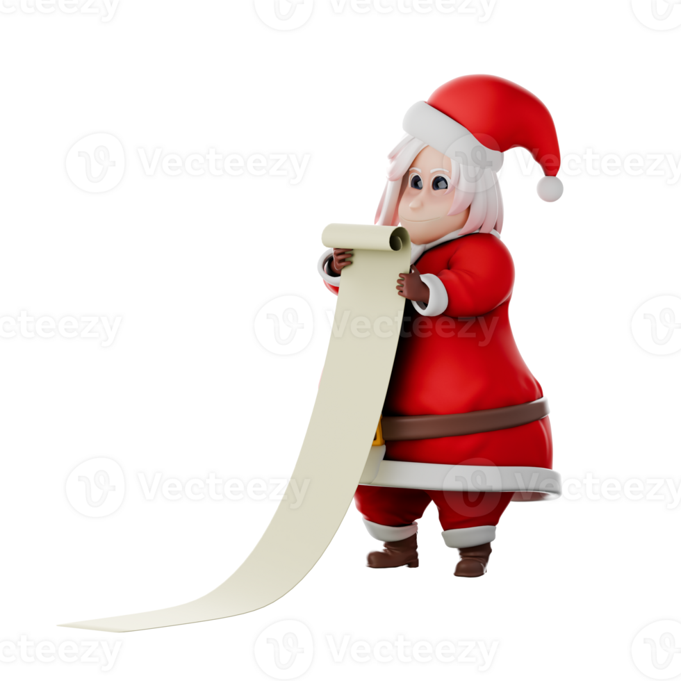 Cartoon Character Girls Santa Claus. A female Santa Claus master stands holding a long paper in both hands, as if reading. png