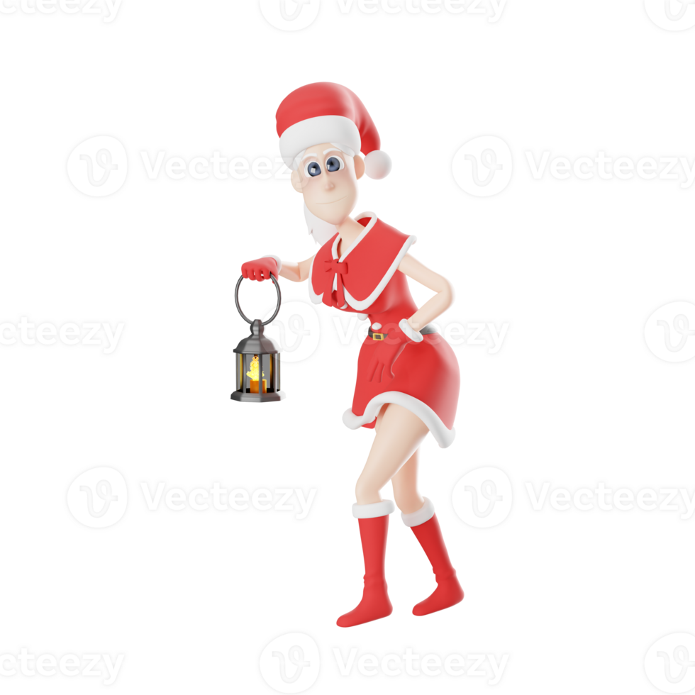 Santa Claus Girls Cartoon Style Design. A tall female Santa Claus master walks slowly while carrying a lantern in her right hand while her left hand is in front of her body. 3D Art png