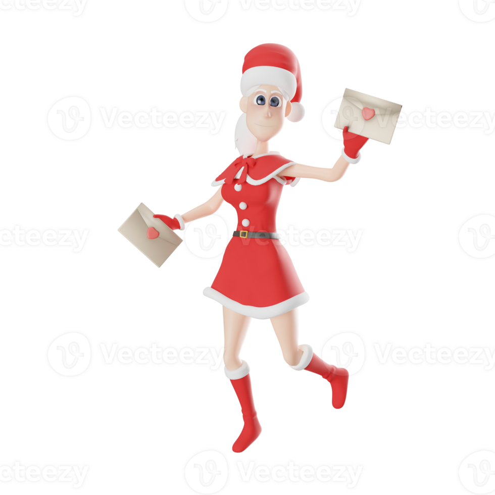 Cartoon Style Girls Santa Claus. A tall female Santa Claus master walks with both hands holding a letter, with a slight smiling expression. . Creative 3D Design png