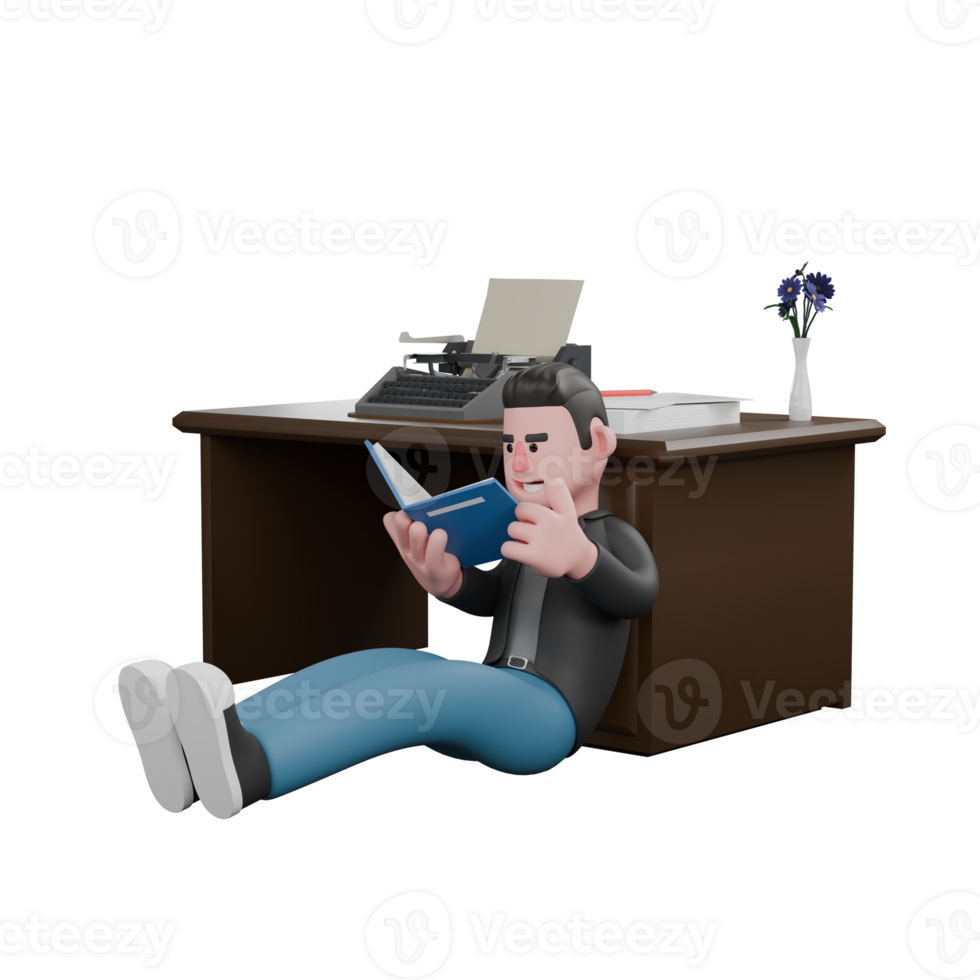 Professional Screenwriter Cartoon Design . a male screenwriter leans on a table with both hands holding a book with a happy expression. 3D Artistic Model png
