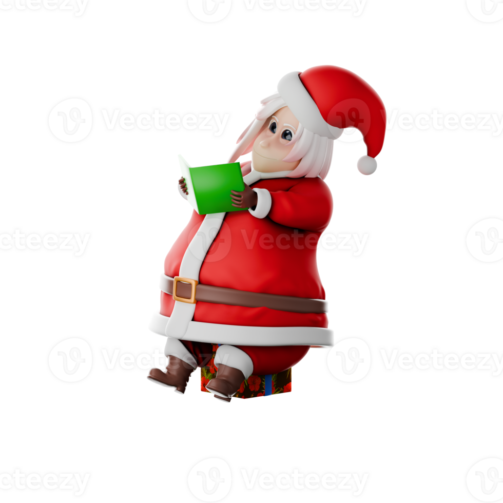Girls Santa Claus 3D Art Illustration. A female Santa Claus master sitting on a gift, with both hands holding a book, as if she were reading it. Cartoon Design png
