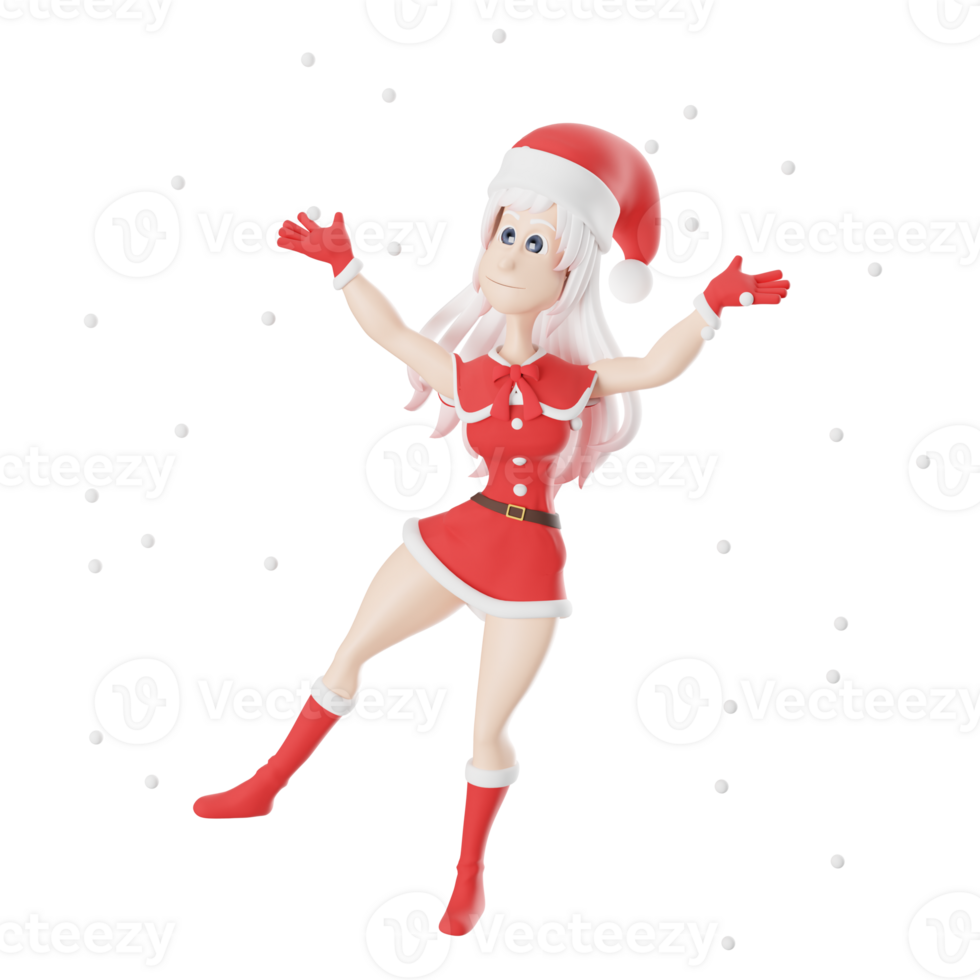 Santa Claus Girls 3D Cartoon Style. A female Santa Claus master stands with her right leg slightly tilted to the right with her arms open, surrounded by falling snow . Artistic Design png