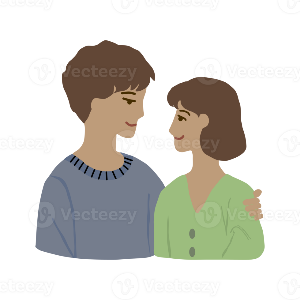 A man and a woman in love are looking at each other and hugging each other. png