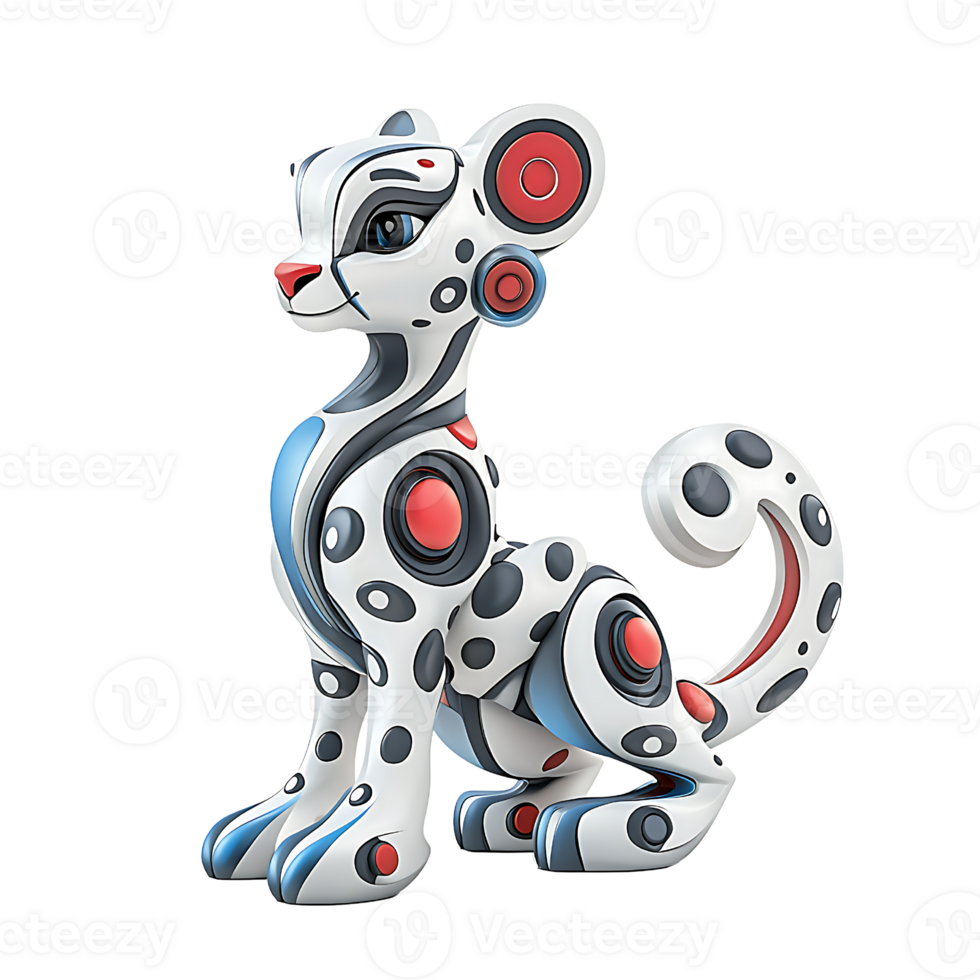 This stylized cat figure features sleek design with white base, adorned with black and red spots, and blue accents, showcasing modern artistic flair png
