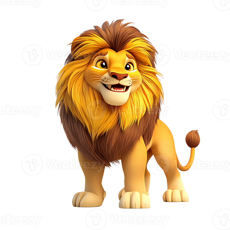 cheerful cartoon lion with vibrant mane, standing confidently. This animated character exudes playful and friendly demeanor, perfect for children content png