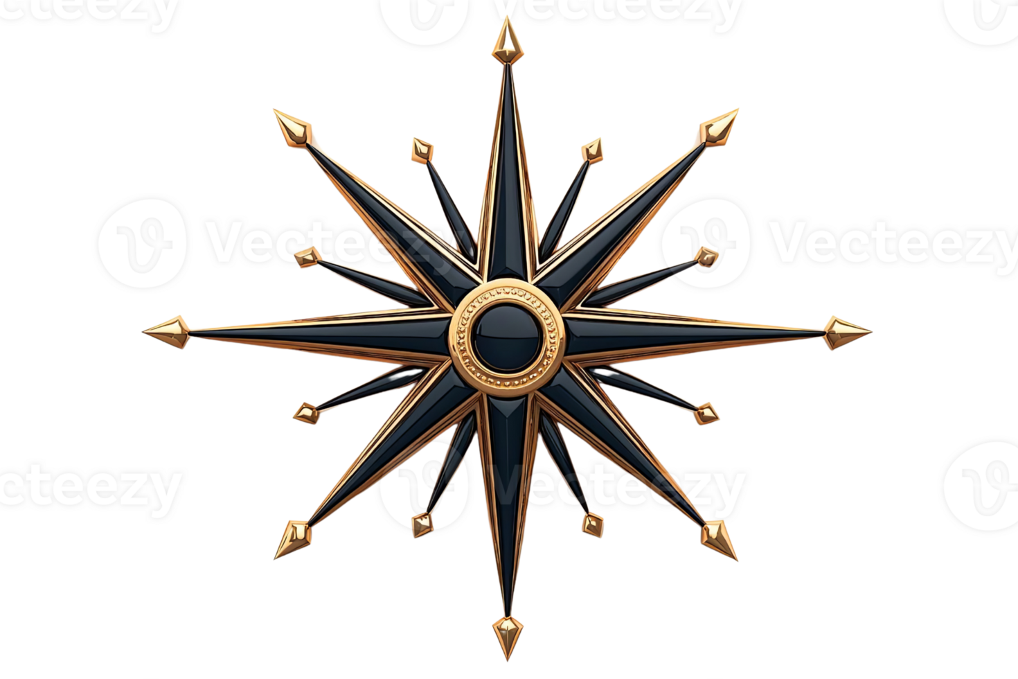 Compass rose design with intricate gold and black details, symbolizing navigation and exploration, featuring sharp points and central circle png