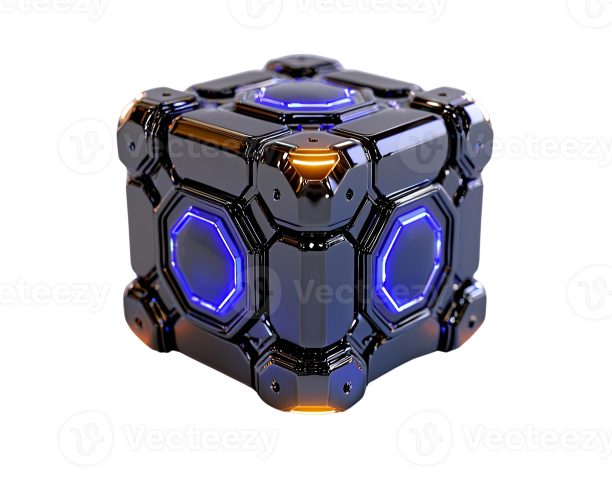 futuristic, glossy black cube with glowing blue and orange accents, showcasing sleek design and intricate details. Perfect for sci fi themes png
