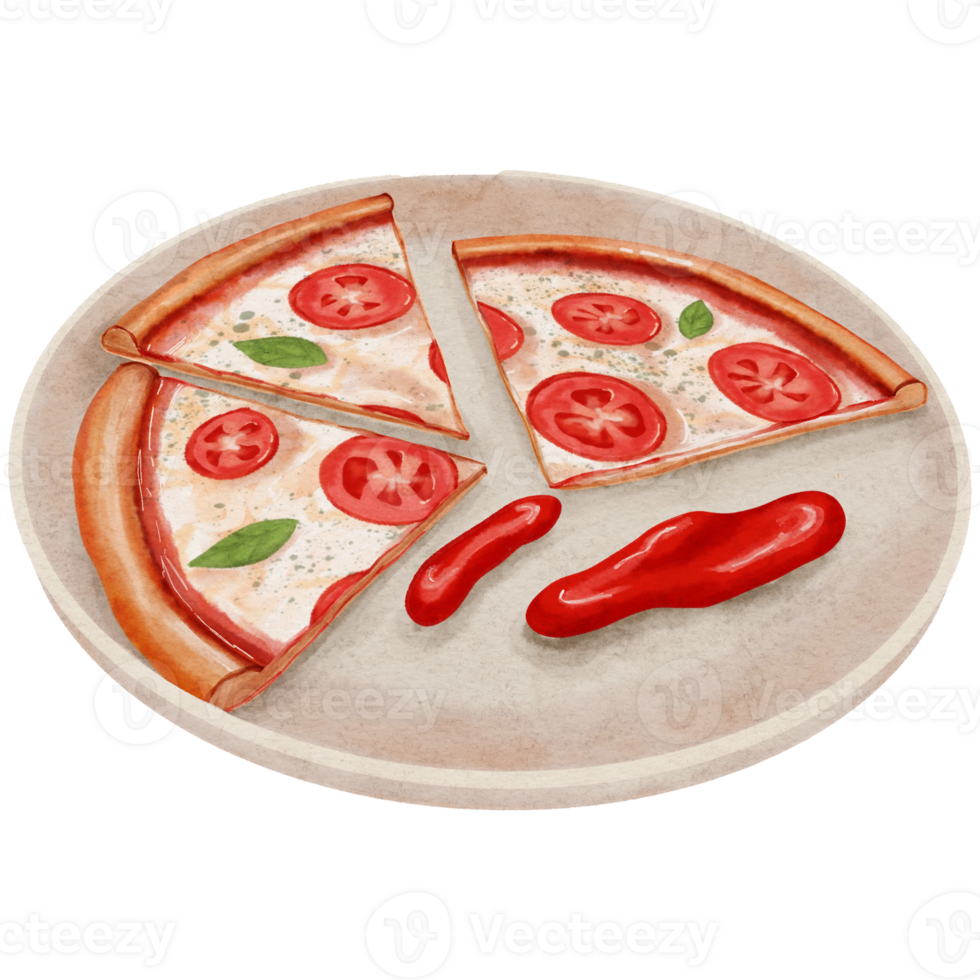 Watercolor Illustration of Pizza Slices with Ketchup png
