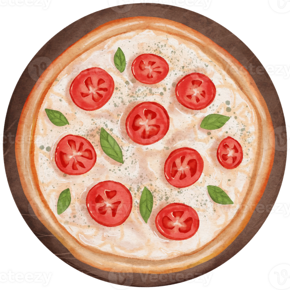 Watercolor Illustration of Tomato Basil Pizza png