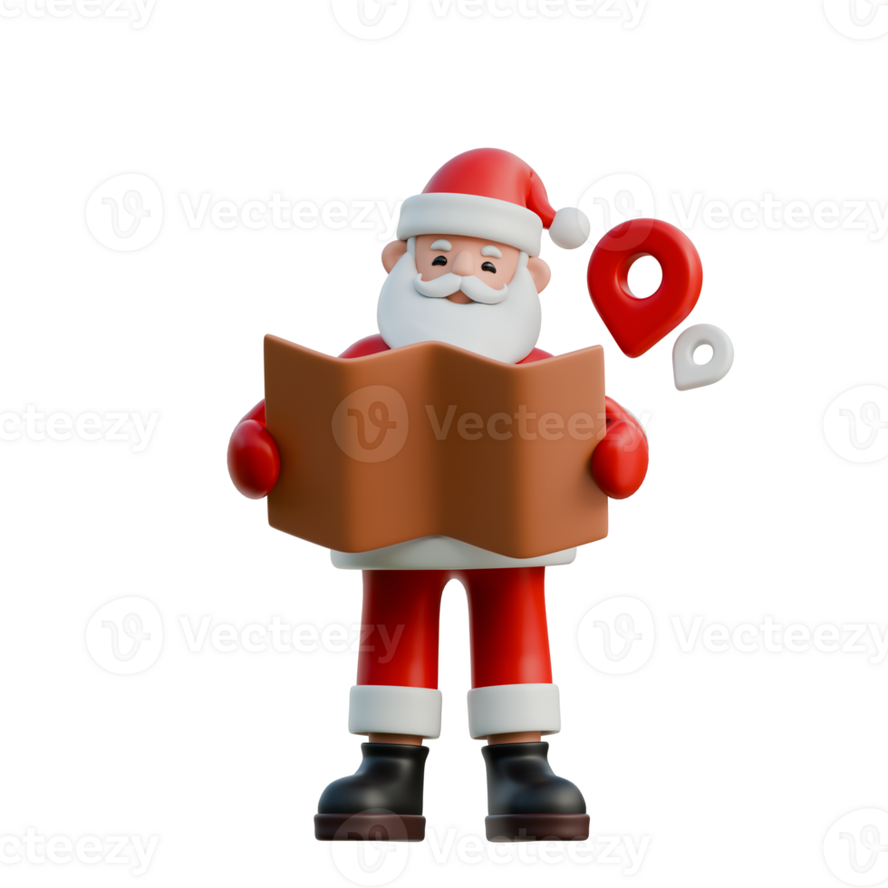 Santa Claus holding a map with a surprised face 3D Christmas Illustration png