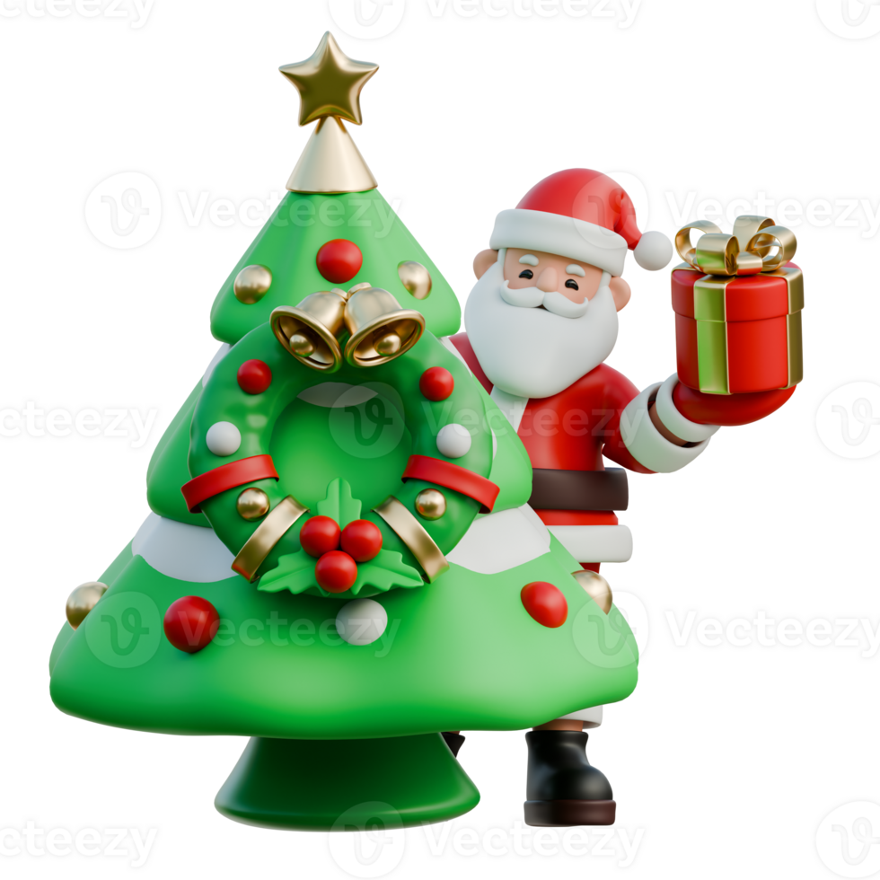 Santa Claus peeking from behind a Christmas tree 3D Christmas Illustration png