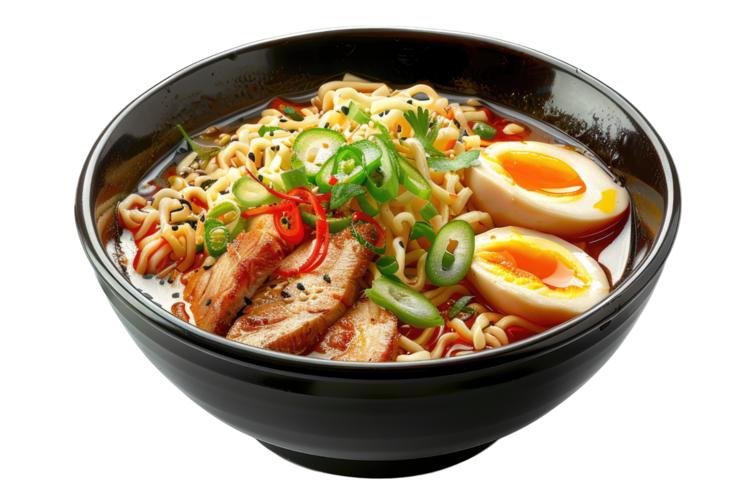 A bowl of ramen with meat and eggs png