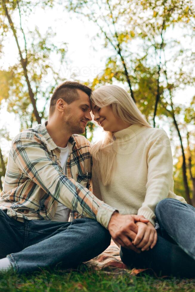 Couple in love hugging together sitting on blanket on green grass in park outdoors having picnic photo
