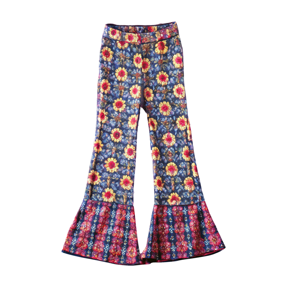 A pair of bell bottoms with a floral pattern png