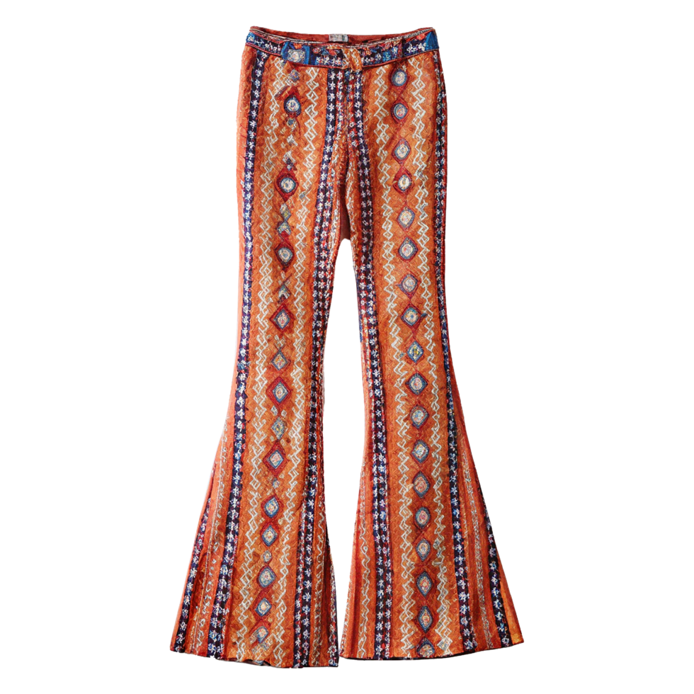 A pair of bell bottom pants with an orange and blue pattern png