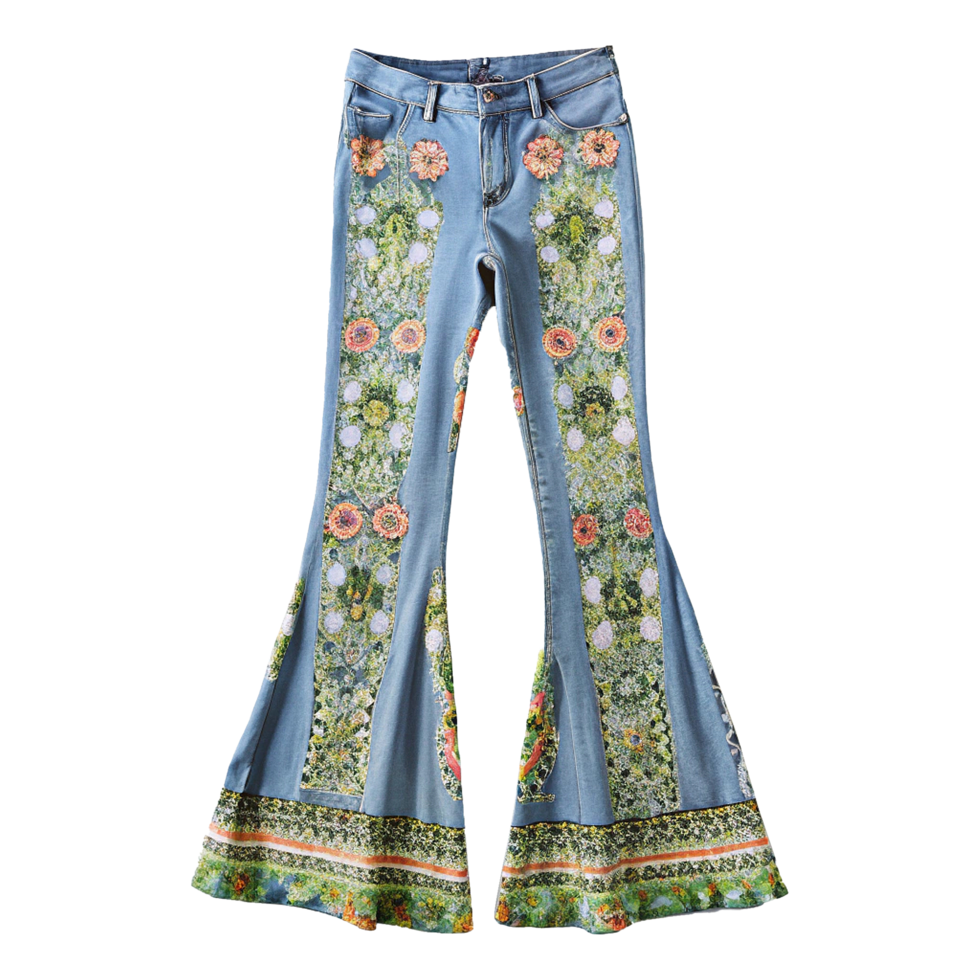A pair of bell bottoms with floral embroidery png