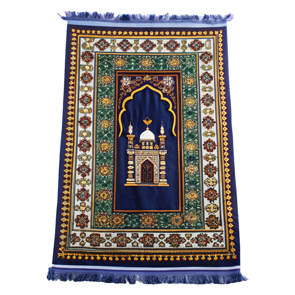 A blue and gold islamic rug with a mosque on it png