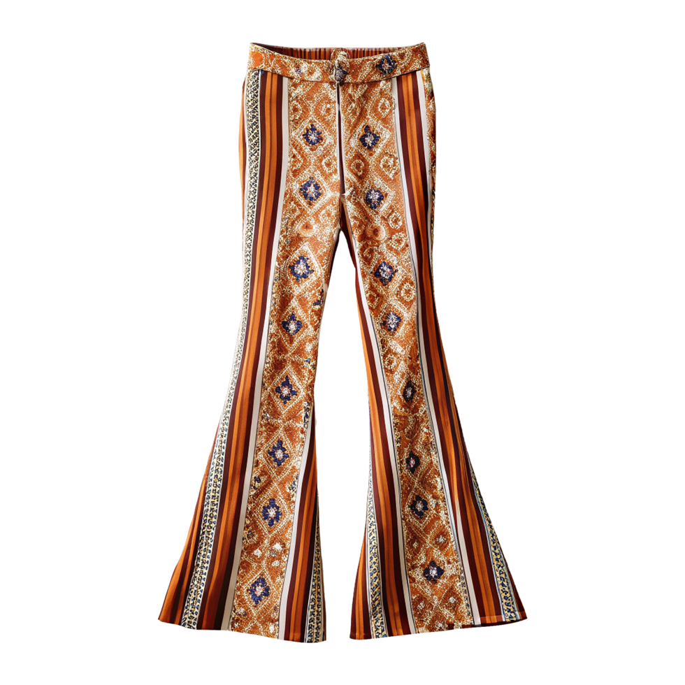 A pair of bell bottom pants with an orange and white pattern png