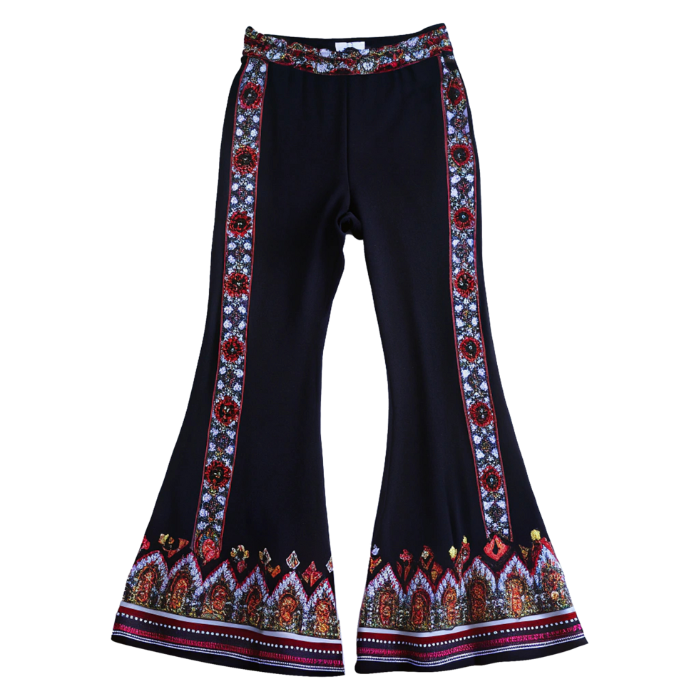 The bell bottom pants are black with colorful embroidery png
