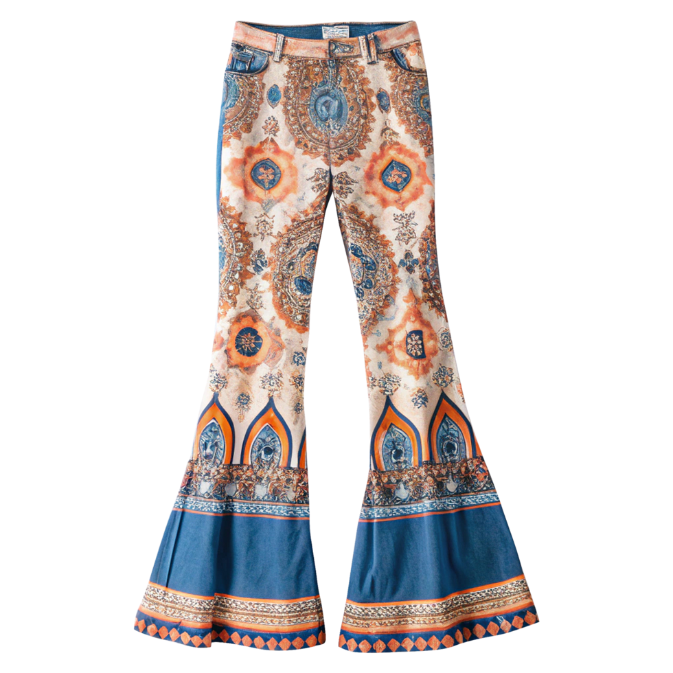 A pair of bell bottoms with an orange and blue paisley print png