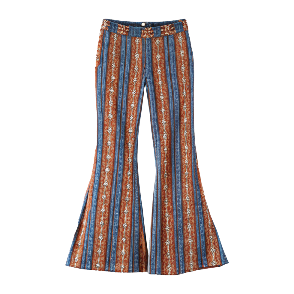 A pair of bell bottom pants with an orange and blue pattern png