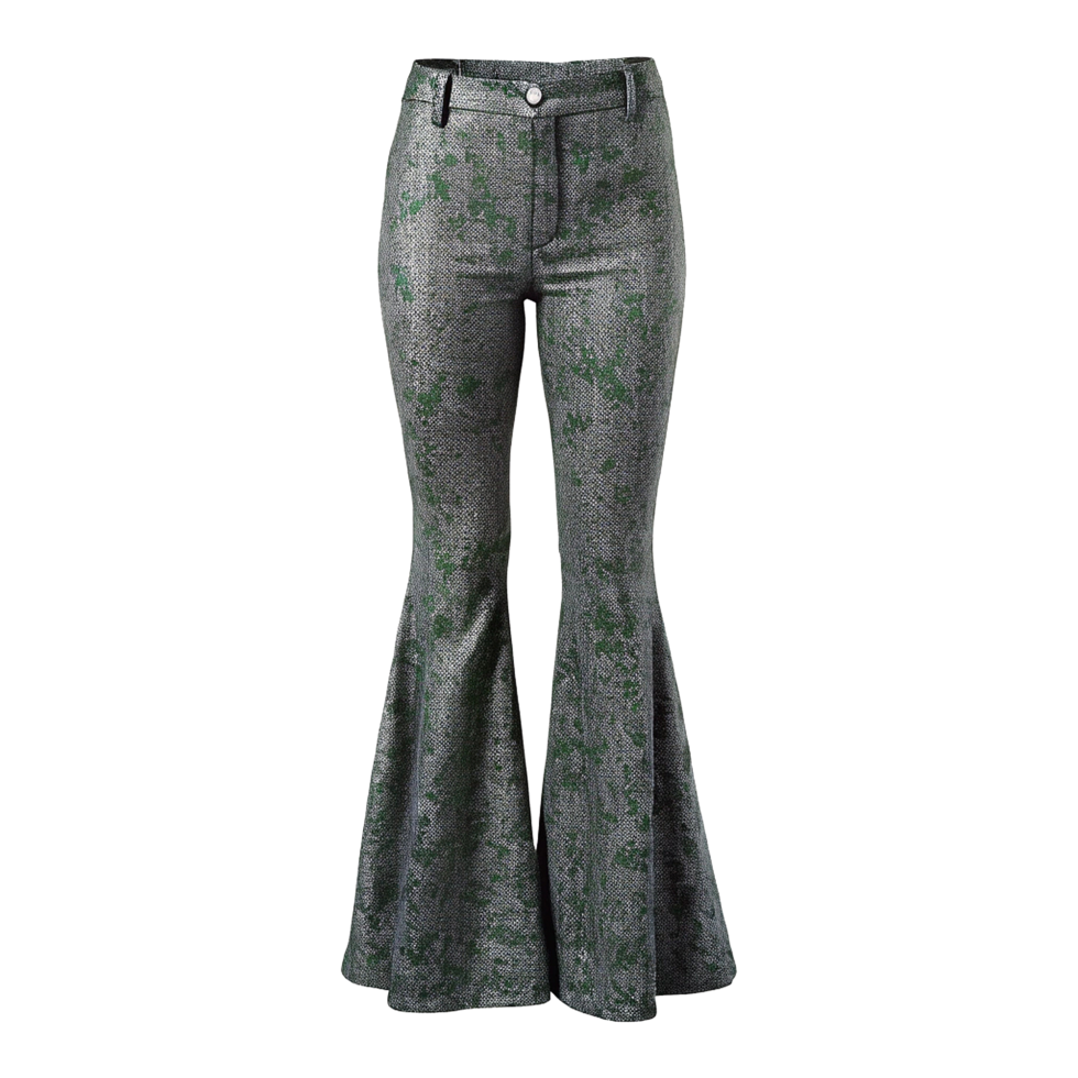 A pair of bell bottom pants with green and black print png