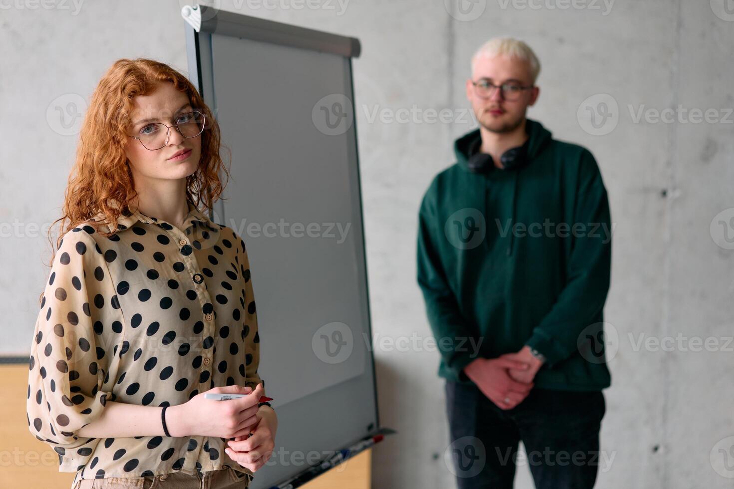 A business colleague collaboratively presenting business goals and strategies to their team in a professional office setting photo