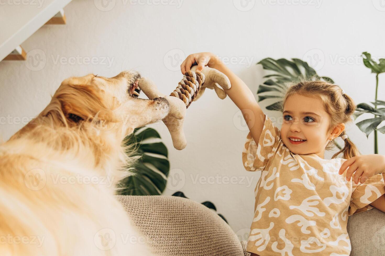 Beautiful, pretty little girl playing with dog, golden retriever at home, in cozy living room photo