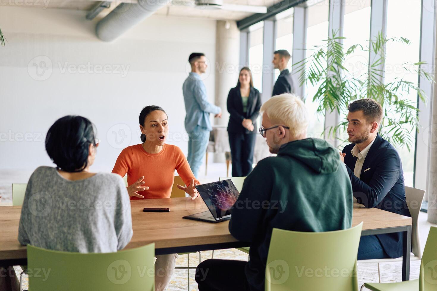 A diverse team of business professionals engaged in a discussion around a conference table in an office, while their colleagues collaborate in the background photo