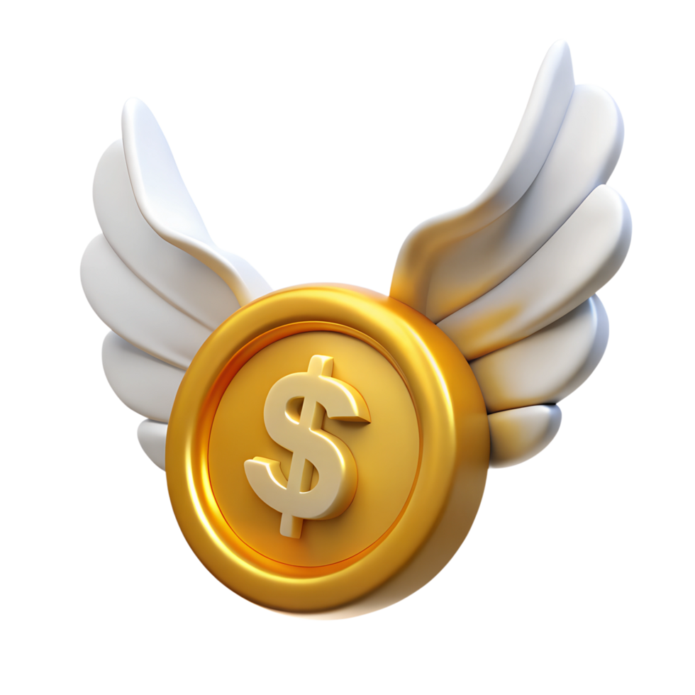 Flying golden dollar coin with wings 3d rendered illustration png