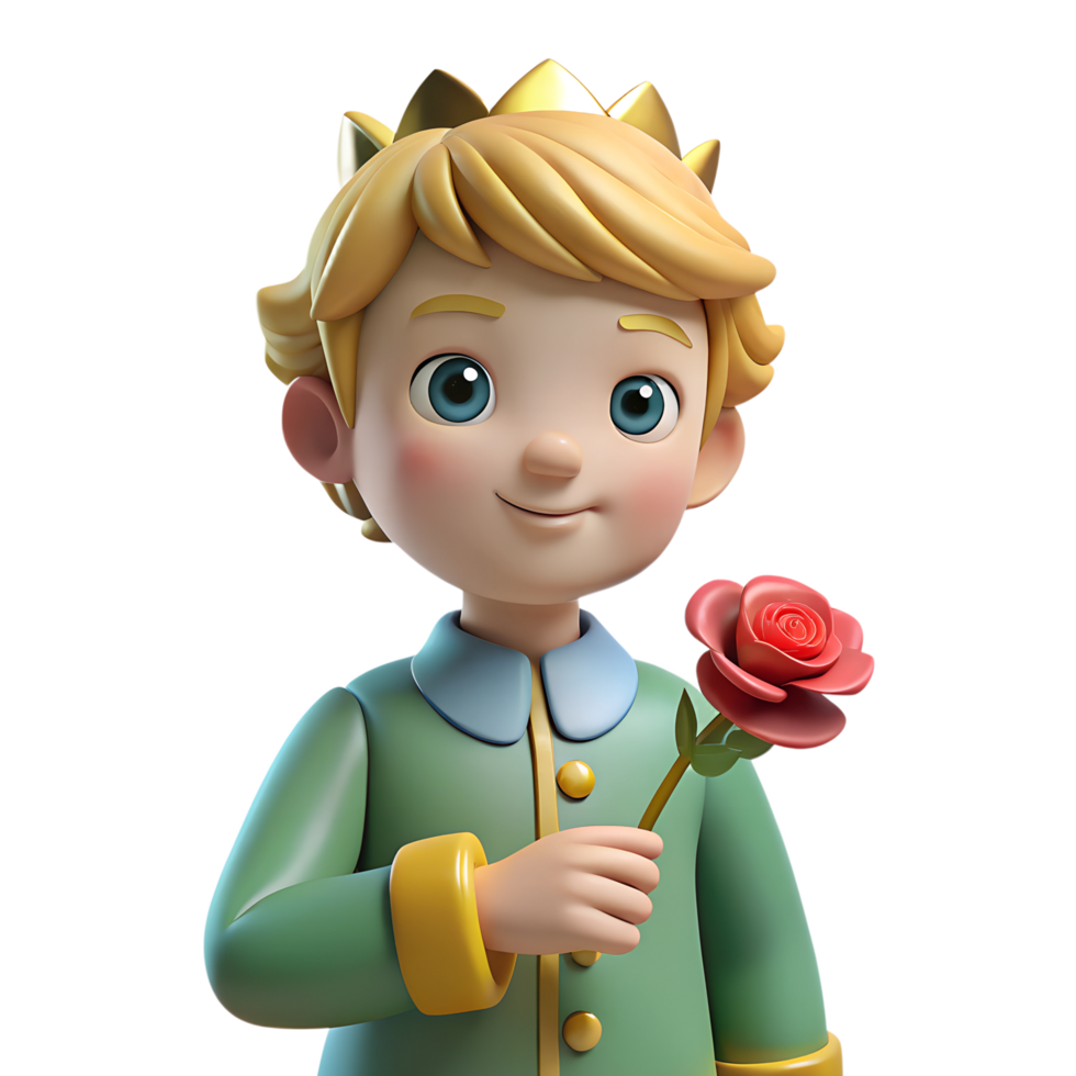 Cute cartoon Little Prince holding rose flower in his hand 3d illustration png