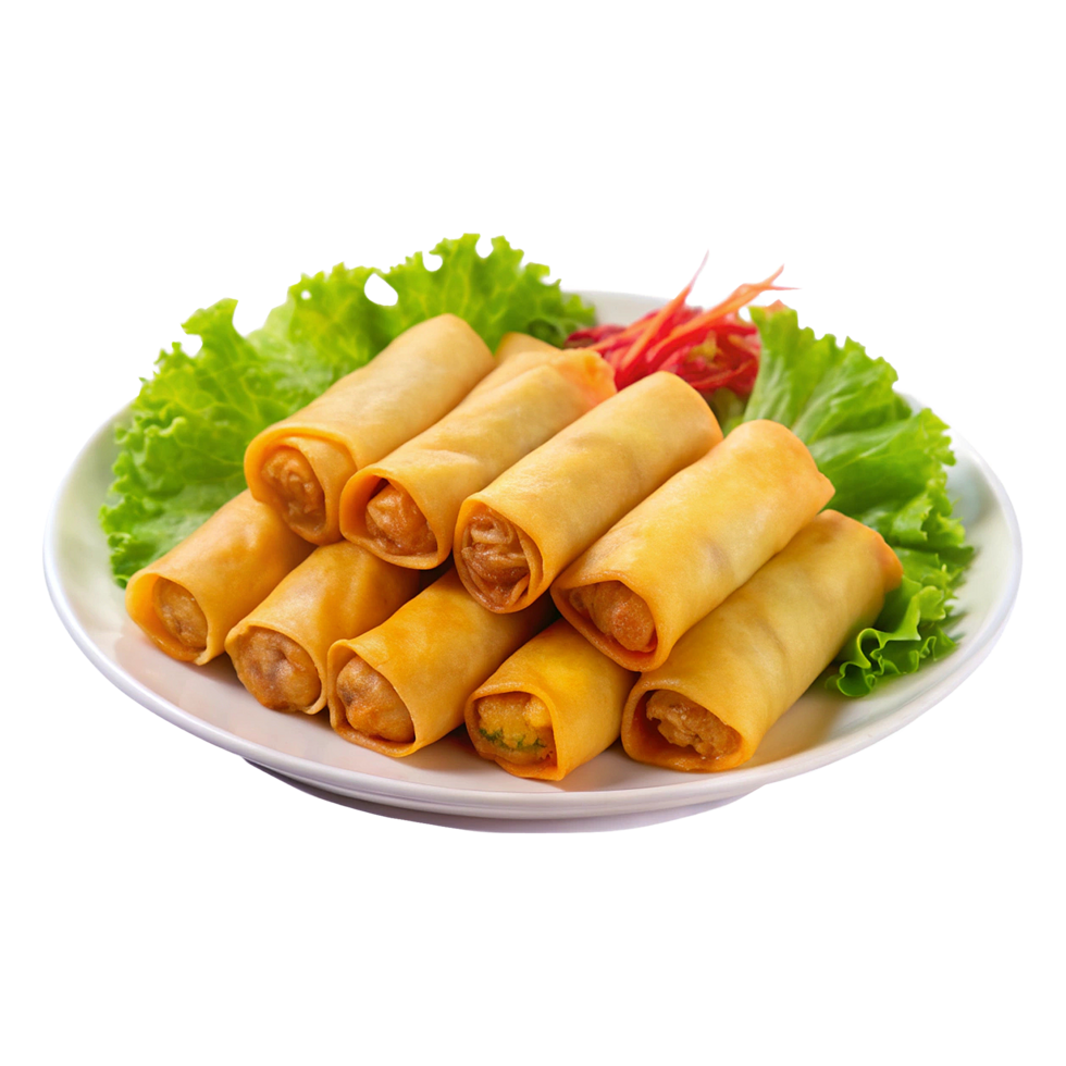 A plate of spring rolls with lettuce and vegetables png