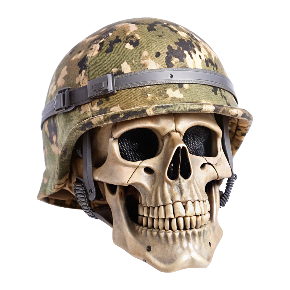 A skull wearing a helmet with a camo pattern png