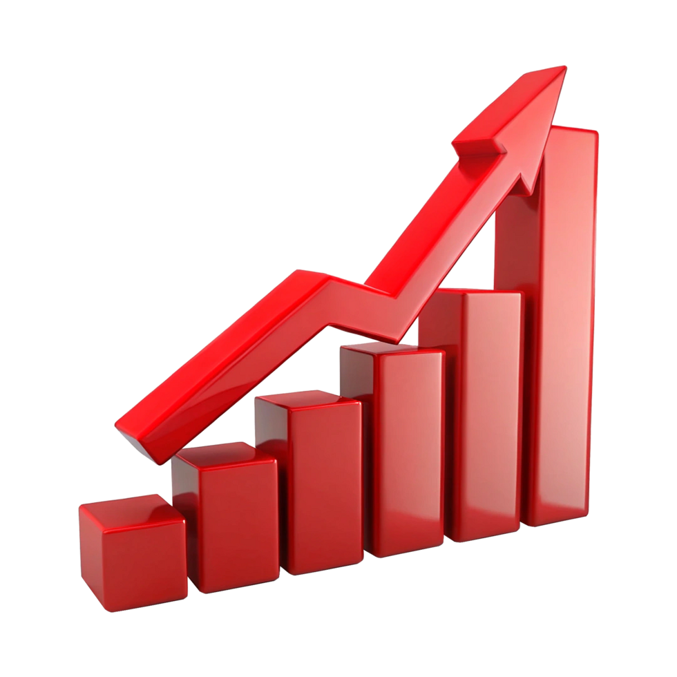 A red arrow is going up on a bar chart png