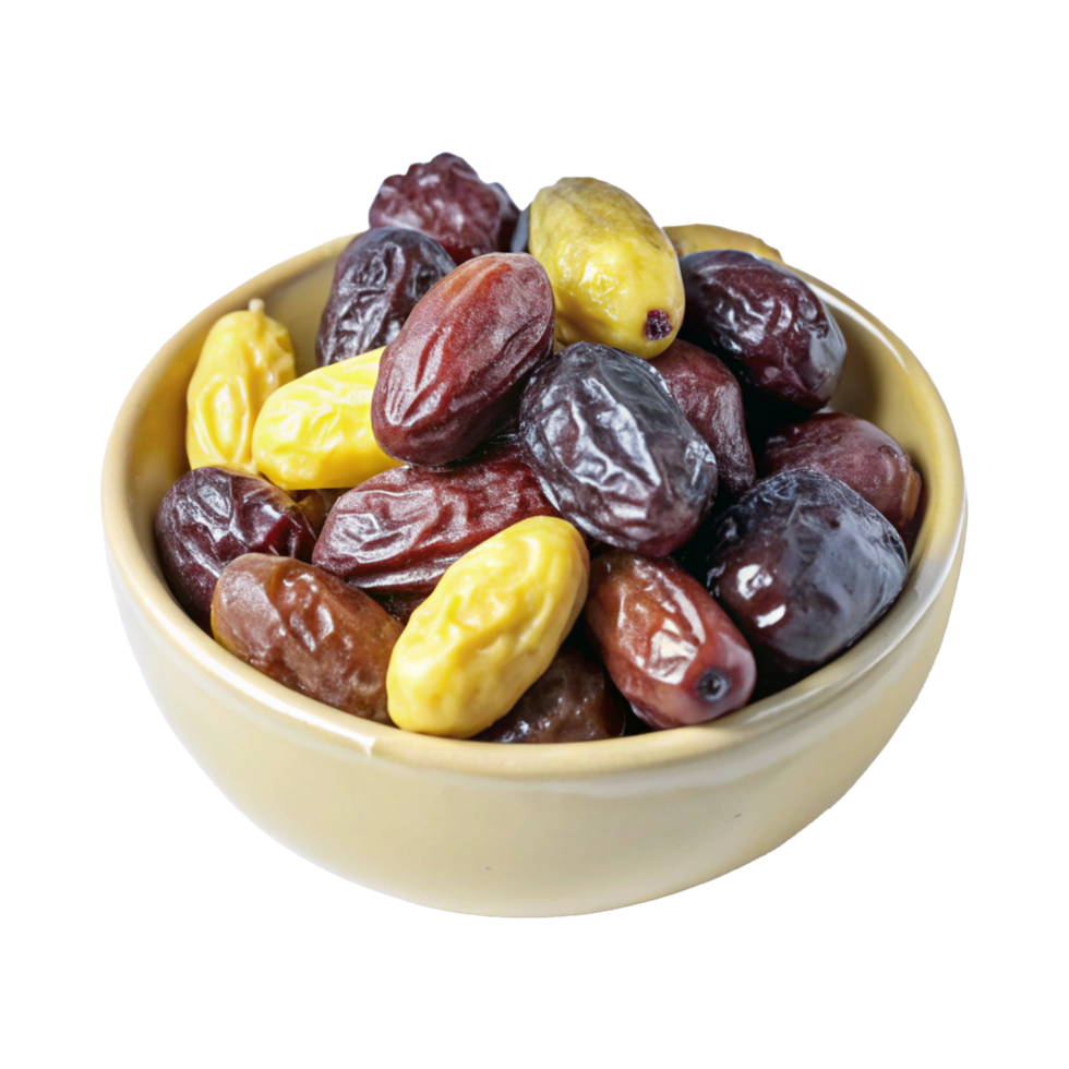 A bowl of dates with different colored fruits png