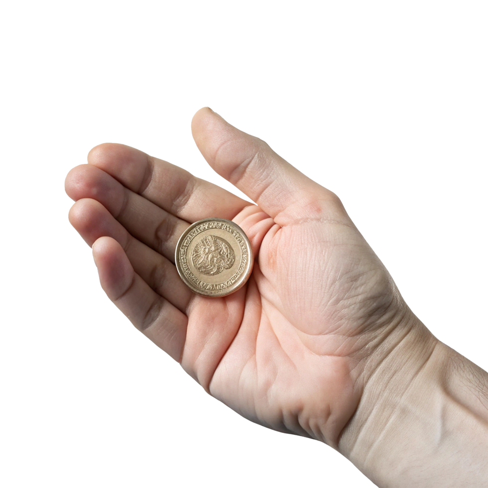 A person holding a coin in their hand png