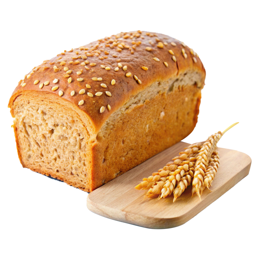 Bread with sesame seeds and wheat on a cutting board png