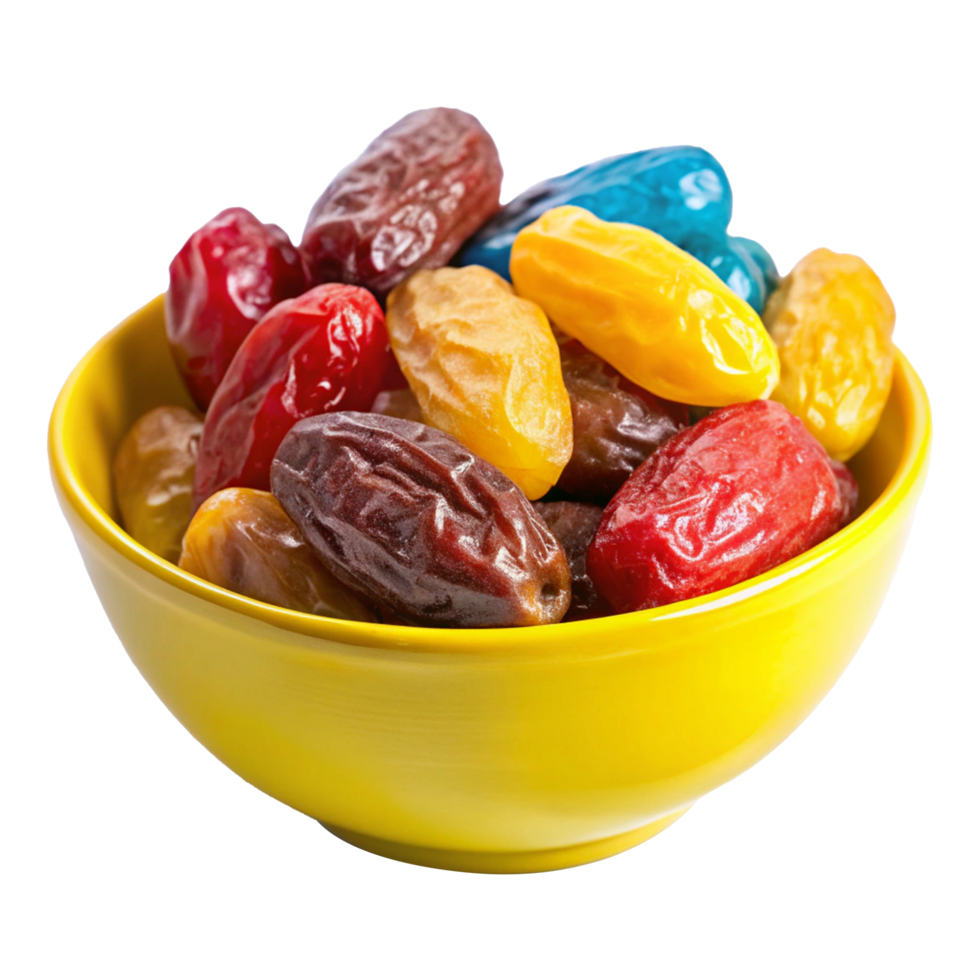 A yellow bowl filled with assorted dates png