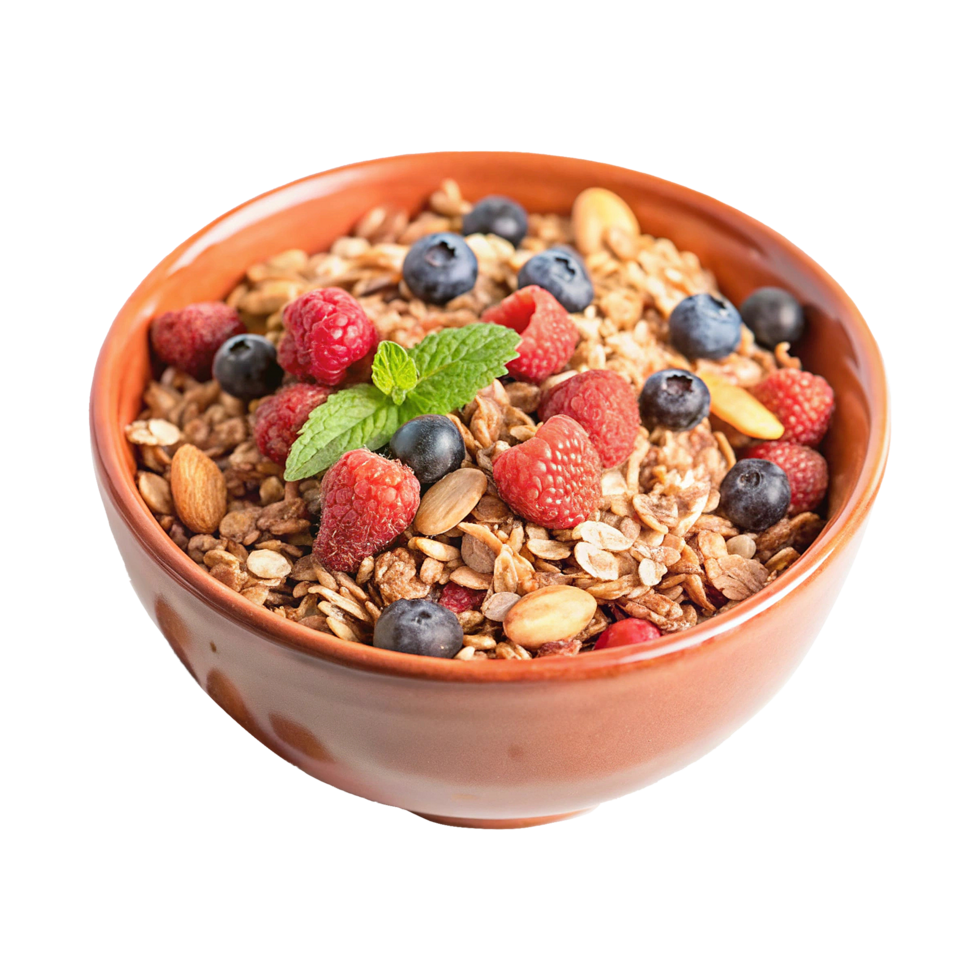 Granola with berries and nuts in a bowl png