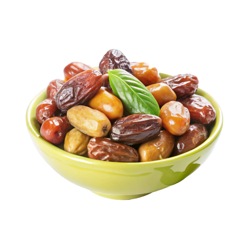 A bowl of dates with a leaf on top png